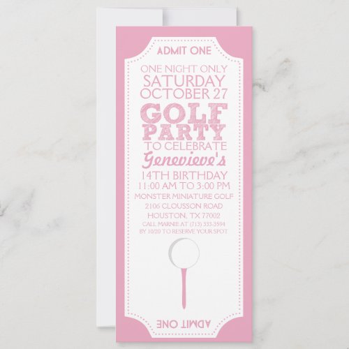 Pink Golf Ticket Golf Birthday Party Invitation