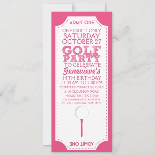 Pink Golf Ticket Golf Birthday Party Invitation