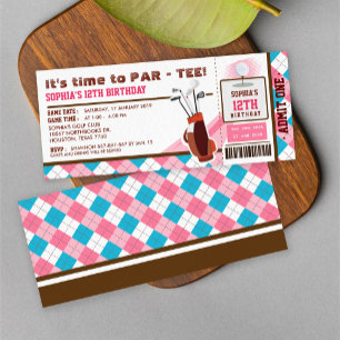 Pink Golf Ticket Pass Birthday Party Invitation