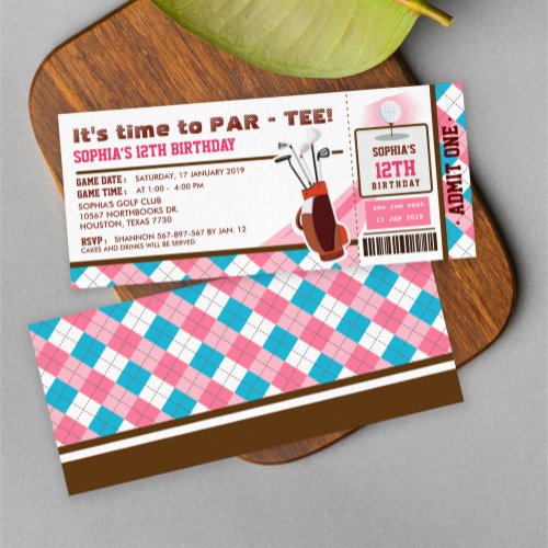 Pink Golf Ticket Pass Birthday Party Invitation