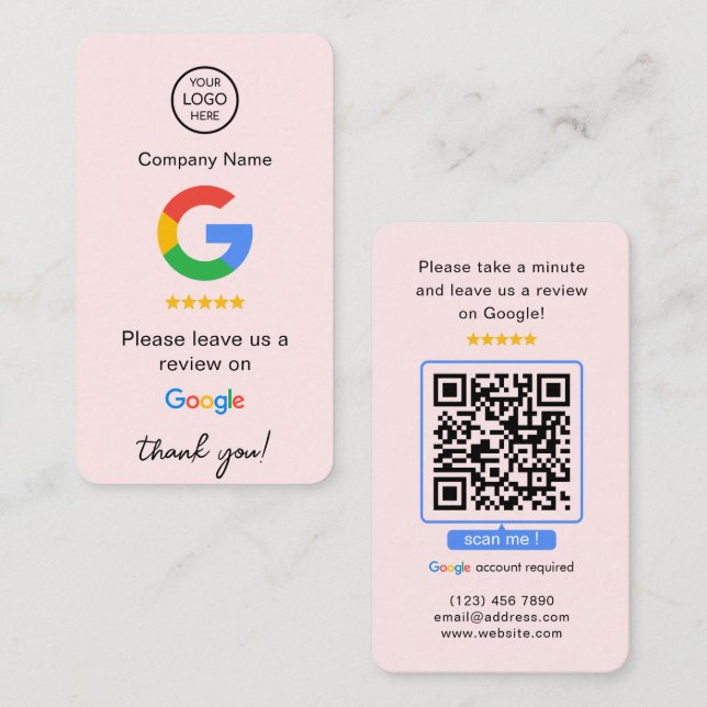 Pink Google Reviews QR Code Business Review Us Business Card (Front/Back)