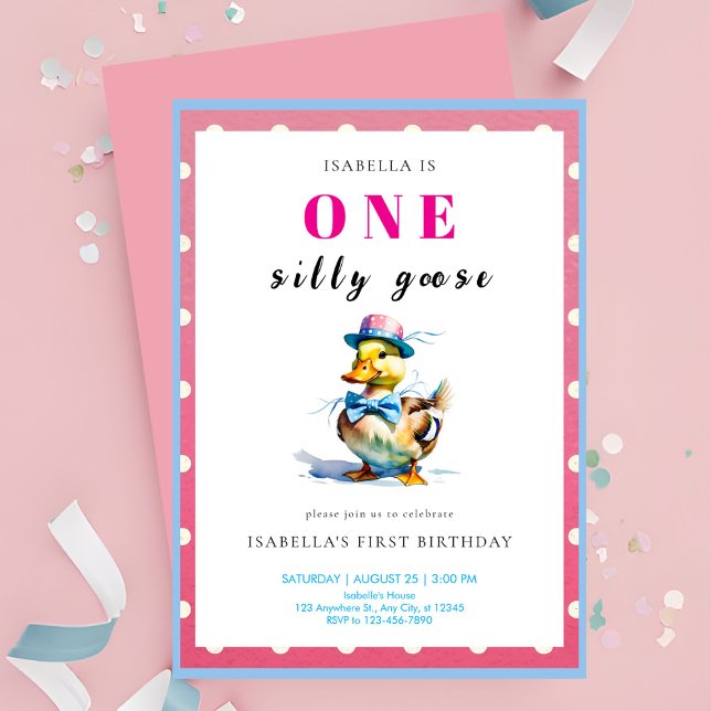Pink Goose 1st Birthday Invitation (Creator Uploaded)
