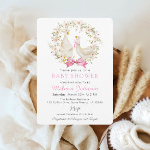 Pink Goose Duck Wildflower Baby Shower Invitation