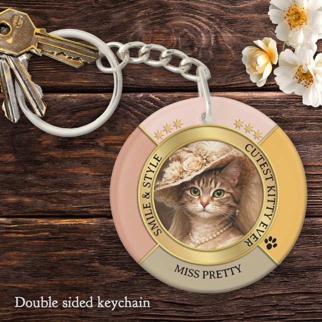 Pink Gorgeous Chic Cat Photo  Keychain (Elegant feminine keychain featuring your custom cat photo framed by pink terra cotta and gold design)