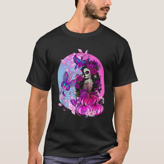 Pink Goth Halloween Sugar Skull with Spiderweb But T-Shirt (Front)