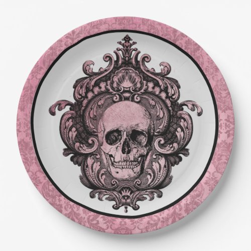 Pink Gothic Apothecary Vintage Halloween Skull Paper Plates