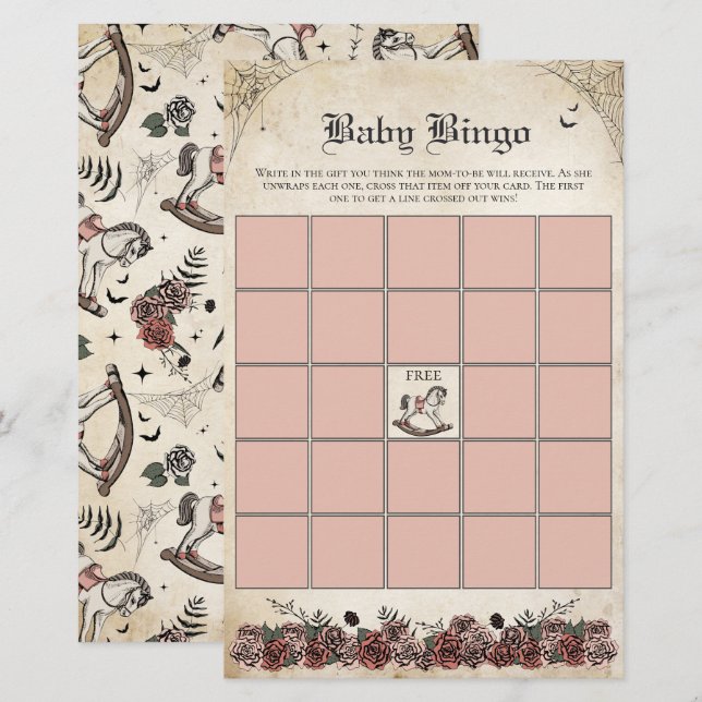 Pink Gothic Baby Shower Rocking Horse Baby Bingo (Front/Back)