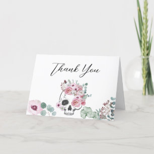 Pink Gothic Floral Skull Baby Shower Letterpress Thank You Card