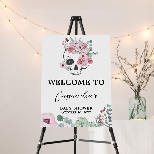 Pink Gothic Floral Skull Baby Shower Welcome Sign (In Situ (Stand))