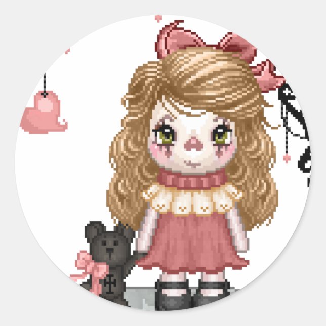 Pink Gothic Love Doll Pixel Art Classic Round Sticker (Front)