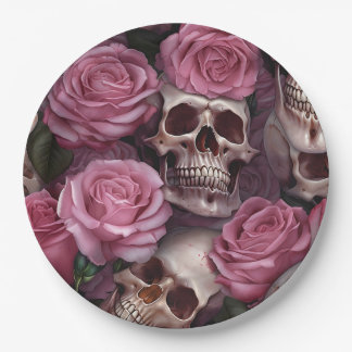 Pink Gothic Party Supplies Skull Floral Vintage Paper Plates