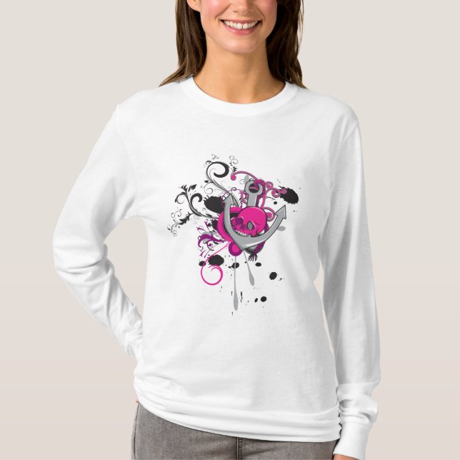 pink gothic skull and anchor vector art design T-Shirt (Front)