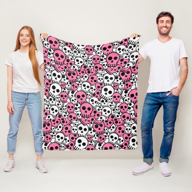 Pink Gothic Skull Pattern Print Fleece Blanket (In Situ)
