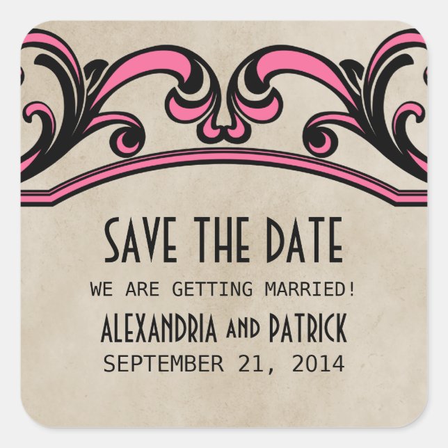 Pink Gothic Swirls Save the Date Stickers (Front)