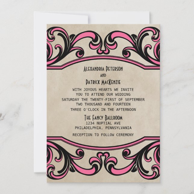 Pink Gothic Swirls Wedding Invite (Front)