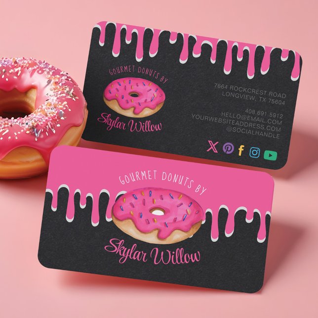 Pink Gourmet Sprinkle Donut Pink Drips Bakery Business Card (Pink Gourmet Sprinkle Donut Pink Drips Bakery Business Card)