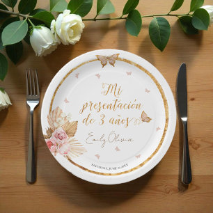 Pink Gown Girl Mi Presentación de 3 Años Spanish Paper Plates