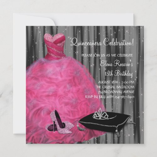 Pink Gown High Heel Shoes Hot Pink Quinceanera Invitation