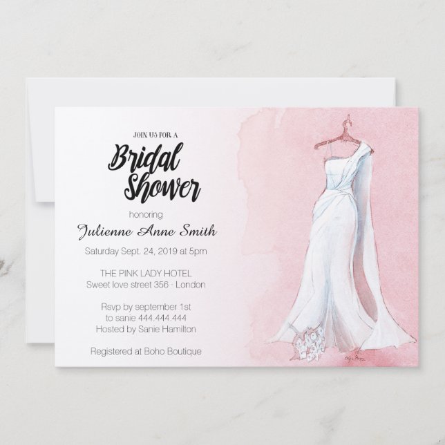 Pink Gown Watercolor Bridal Shower Invitation (Front)
