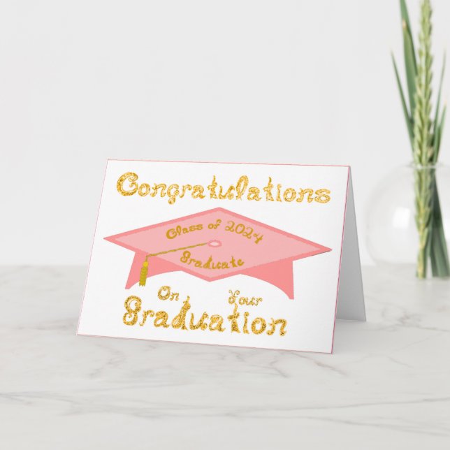 Pink Grad Cap Gold Graduate Class 2024 Hat Card (Front)