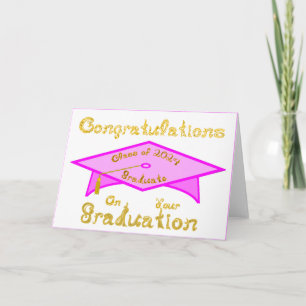 Pink Grad Cap Gold Graduate Class 2024 Hat Card