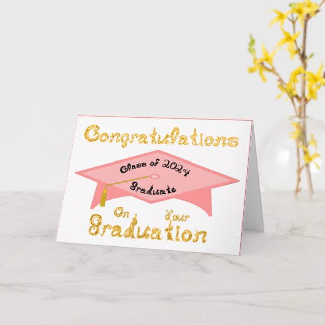 Pink Grad Cap Gold Graduate Class 2024 Hat Card (Yellow Flower)