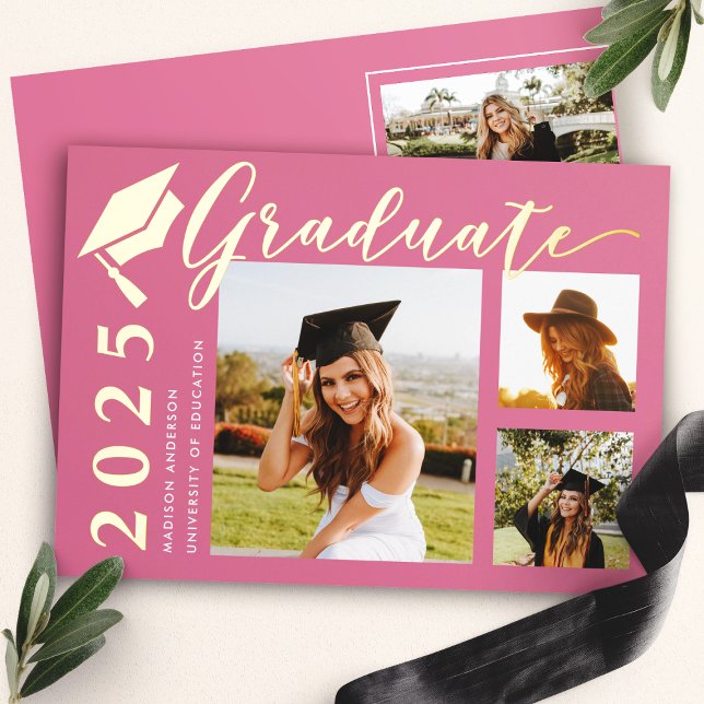Pink Grad Cap Photo Foil Graduation Announcement (Creator Uploaded)