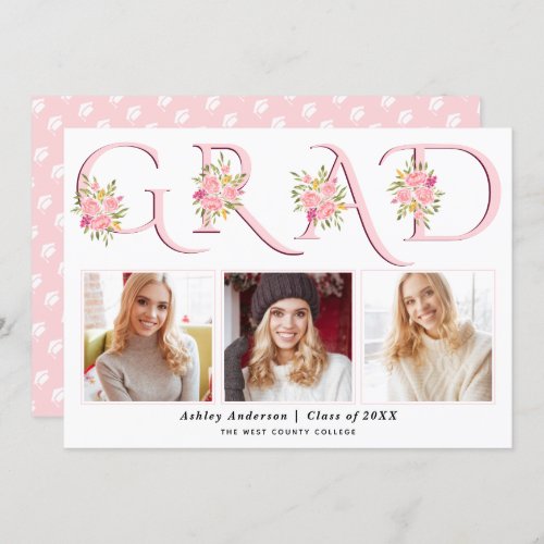 Pink GRAD typography pink roses photo graduation Announcement