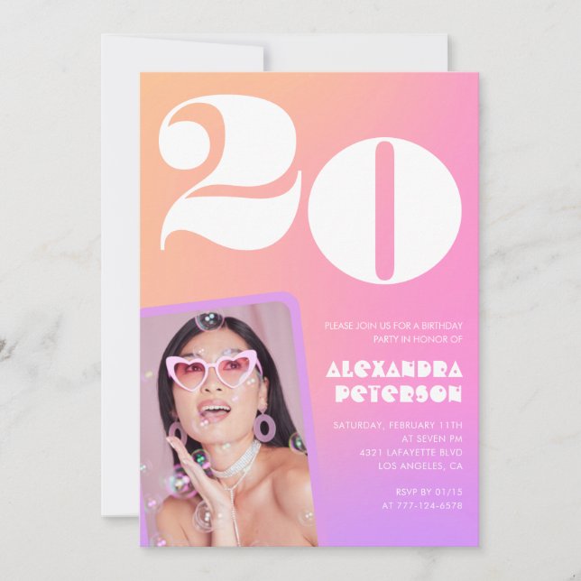 Pink Gradient 20th birthday invitation Retro Photo (Front)