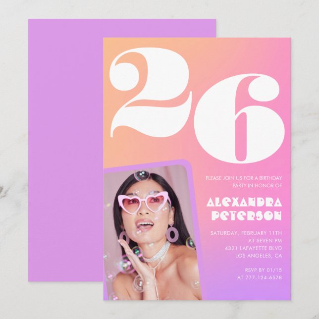 Pink Gradient 26th birthday invitation Retro Photo (Front/Back)