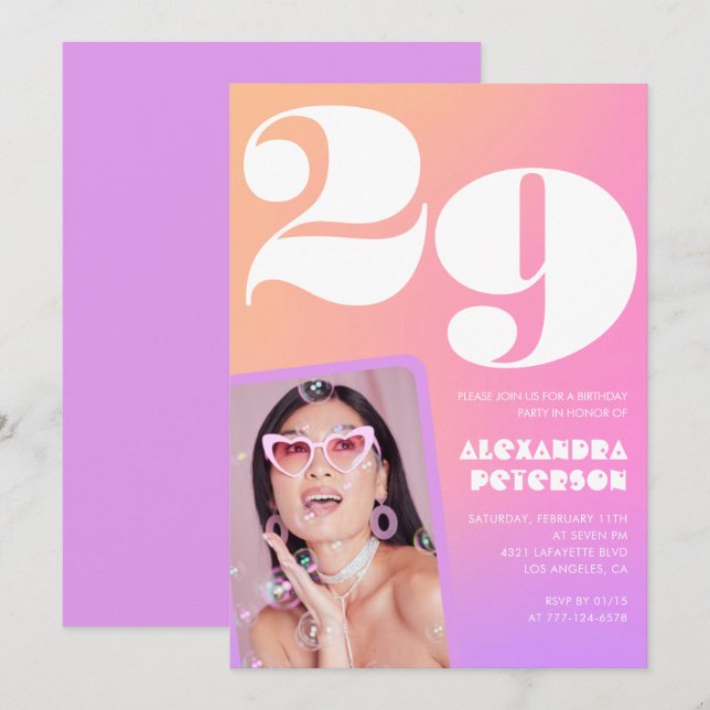 Pink Gradient 29th birthday invitation Retro Photo (Front/Back)