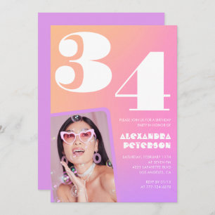 Pink Gradient 34th birthday invitation Retro Photo