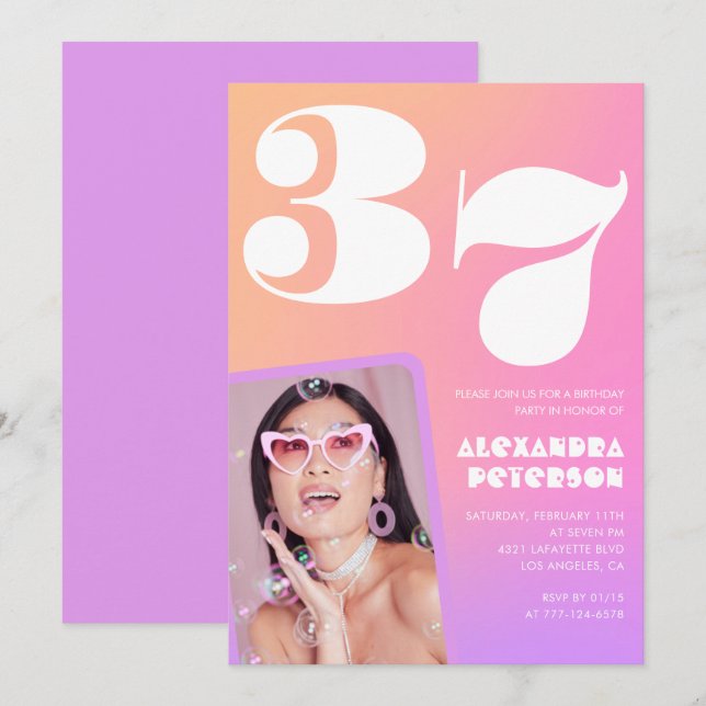 Pink Gradient 37th birthday invitation Retro Photo (Front/Back)
