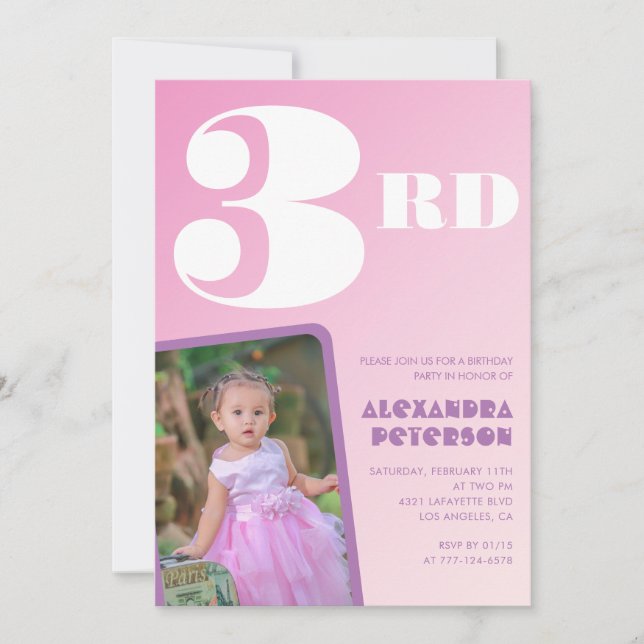 Pink Gradient 3rd birthday invitations Girl Photo (Front)