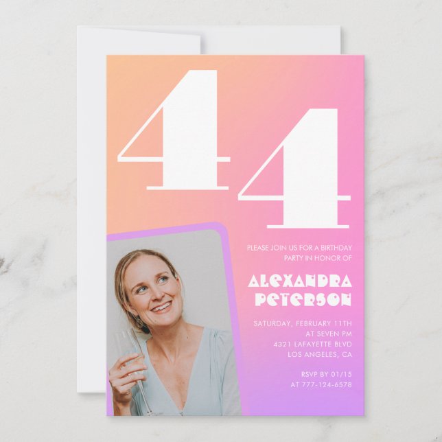Pink Gradient 44th birthday invitation Retro Photo (Front)
