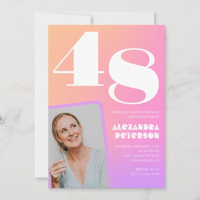 Pink Gradient 48th birthday invitation Retro Photo (Front)