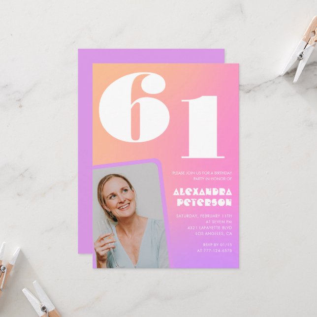 Pink Gradient 61st birthday invitation Retro Photo (Front/Back In Situ)
