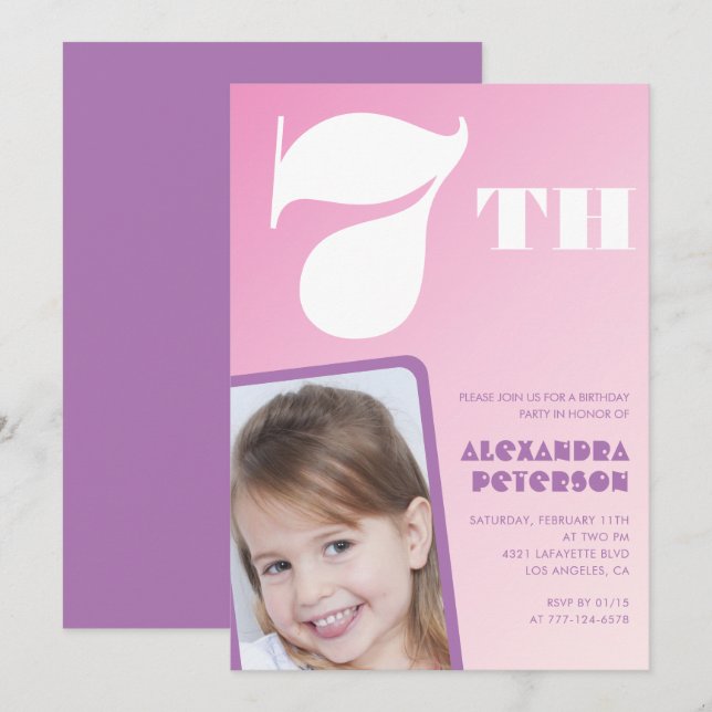 Pink Gradient 7th birthday invitations Girl Photo (Front/Back)
