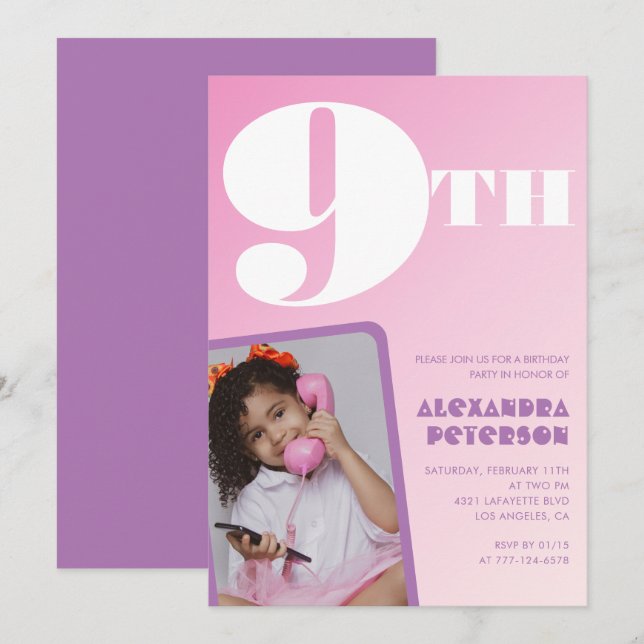 Pink Gradient 9th birthday invitations Girl Photo (Front/Back)