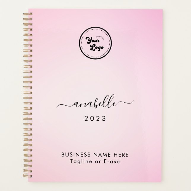 Pink Gradient Add Name Year Custom Business Logo Planner (Front)