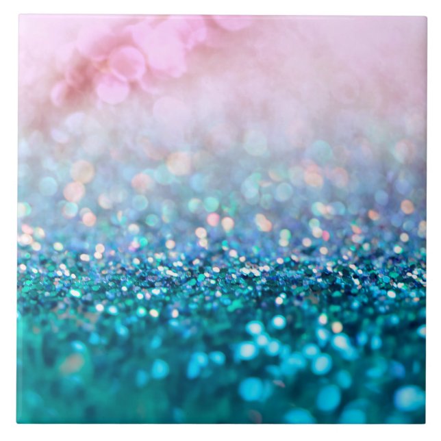 Pink Gradient Blue Teal Sparkle Trendy Glitter Ceramic Tile (Front)