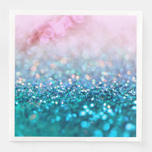 Pink Gradient Blue Teal Sparkle Trendy Glitter Paper Dinner Napkins (Front)