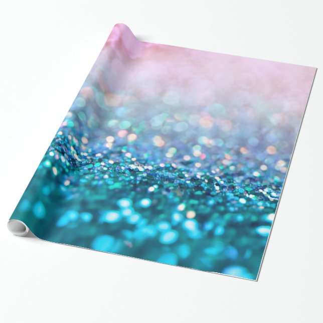 Pink Gradient Blue Teal Sparkle Trendy Glitter Wrapping Paper (Unrolled)