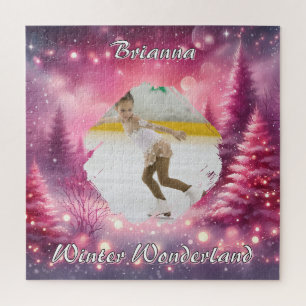Pink Gradient Christmas Photo and Name Winter Jigsaw Puzzle