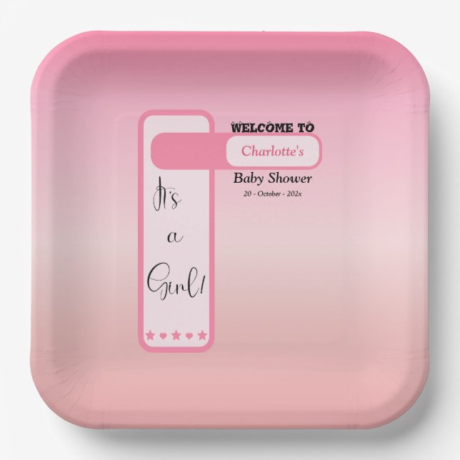 Pink Gradient Cute Eyeball Text Baby Shower Paper Plates (Front)