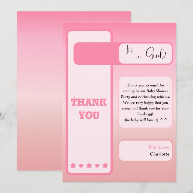Pink Gradient Cute Eyeball Text Baby Shower Thank You Card (Front/Back)