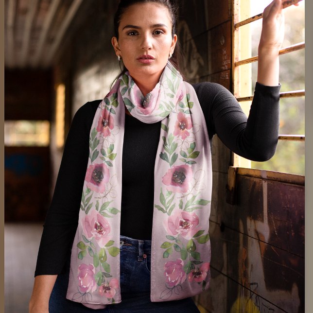 Pink gradient floral Chiffon Scarf (Pink floral on light gradient pink Scarf )