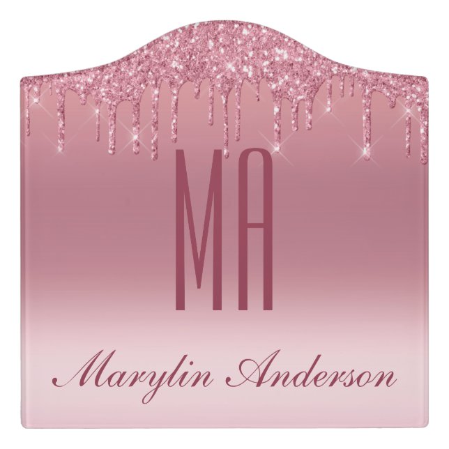 PINK GRADIENT GLITTER DRIP CUSTOM NAME MONOGRAM DOOR SIGN (Large Crest Front)