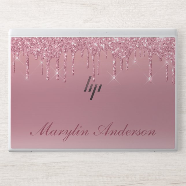 PINK GRADIENT GLITTER DRIP CUSTOM NAME MONOGRAM HP LAPTOP SKIN (Front)