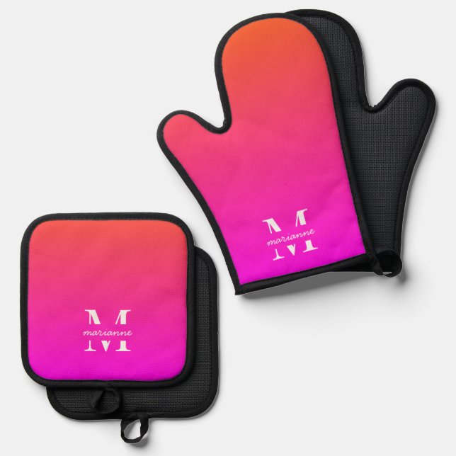 Pink Gradient Monogram Name Initial Plain Custom Oven Mitt & Pot Holder Set (Front/Back)